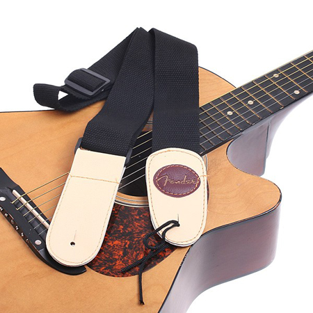  Correa de algodón y cuero color negro y beige para guitarra Fender I43